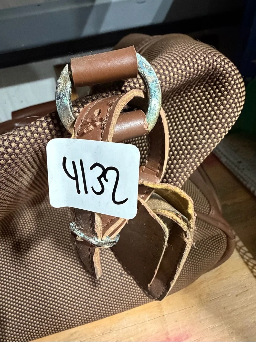 #4132-London Fog Brown Textured Tote with Leather Trim